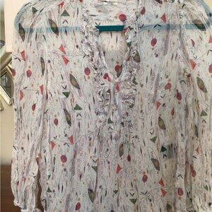 Isabel Marant ÉTOILE Silk blouse.  Colorful pattern on sheer silk.  V-neck.